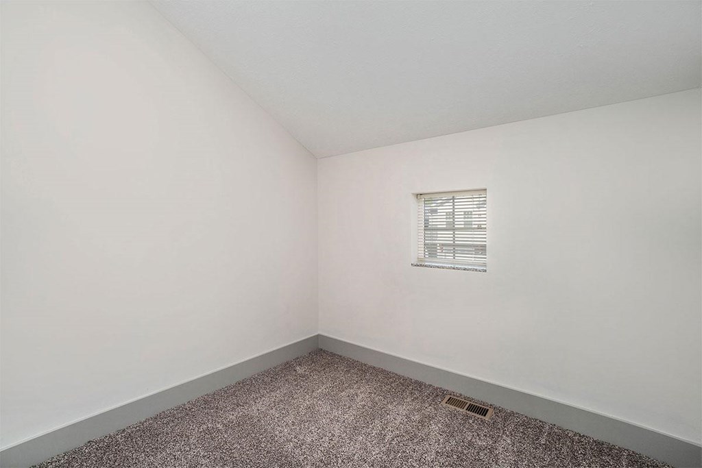 A room with a window and a carpet on the floor.