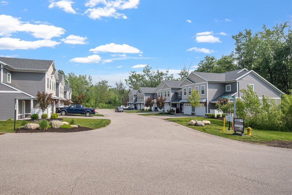 A residential area with houses and a car parked on the street.