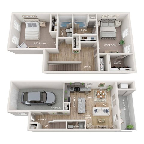 A diagram of a two-story apartment with labeled rooms.