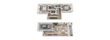 A floor plan of a two-bedroom apartment with a garage.