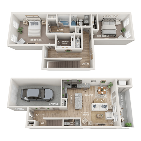 A floor plan of a two-bedroom apartment with a garage.