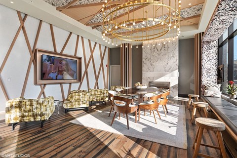 conference room with chandelier and firepit