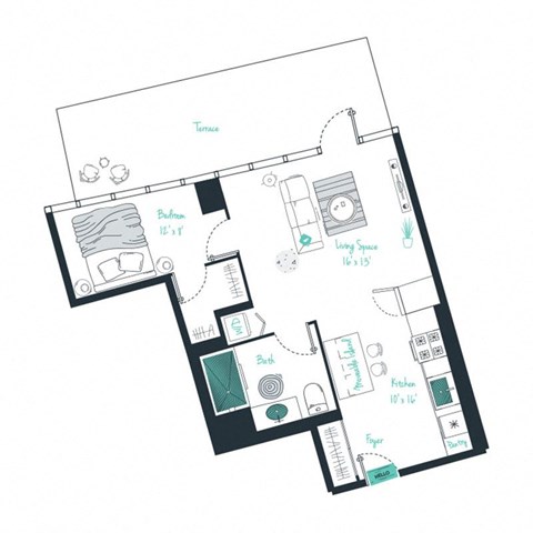 floor plan of a 1 bed 1 bath apartment