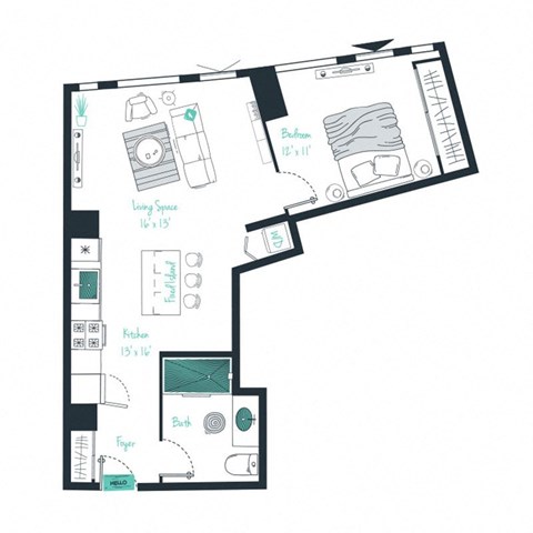 floor plan of a 1 bed 1 bath apartment