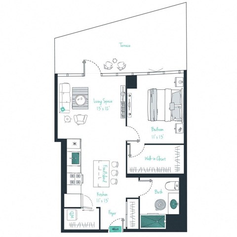 floor plan of a 1 bed 1 bath apartment