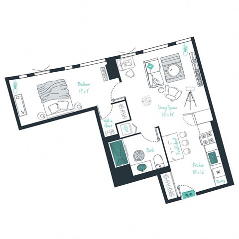 floor plan of a 1 bed 1 bath apartment