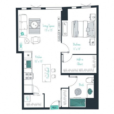 floor plan of a 1 bed 1 bath apartment