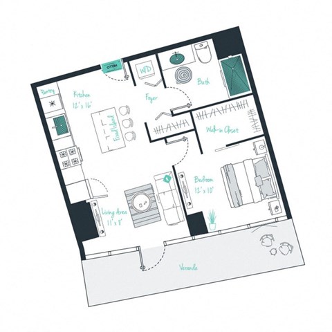 floor plan of a 1 bed 1 bath apartment