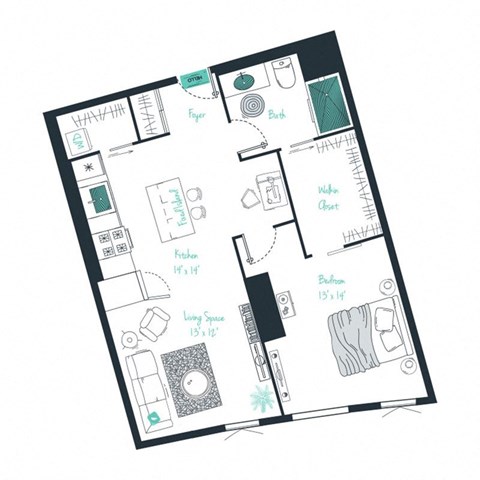 floor plan of a 1 bed 1 bath apartment