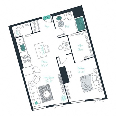 a floor plan of a small house with a bedroom and a living room