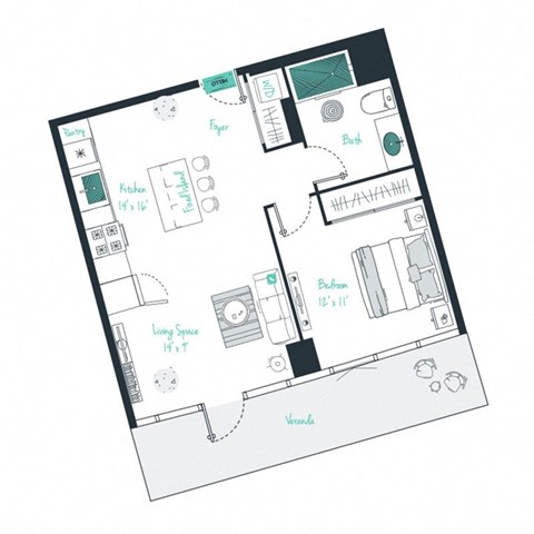 floor plan of a 1 bed 1 bath apartment
