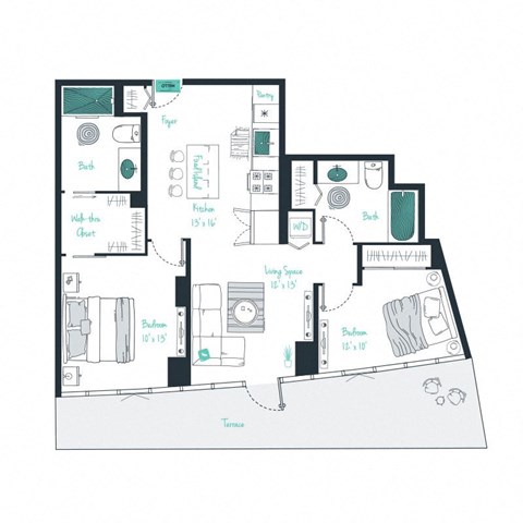 floor plan of a 2 bed 2 bath apartment
