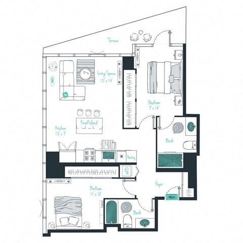floor plan of a 2 bed 2 bath apartment