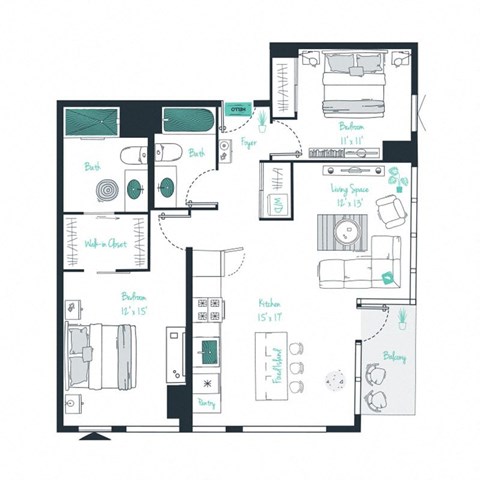 floor plan of a 2 bed 2 bath apartment