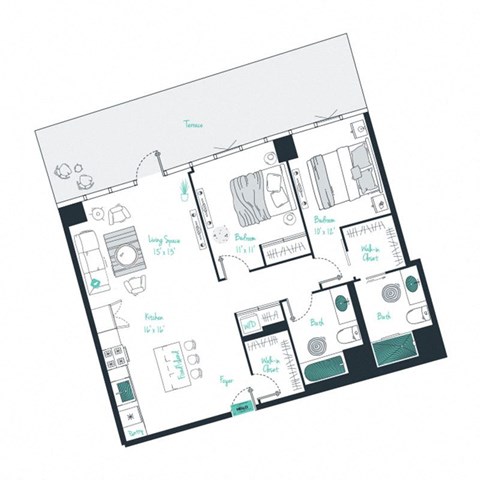 floor plan of a 2 bed 2 bath apartment
