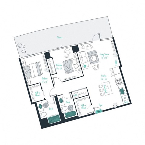 floor plan of a 2 bed 2 bath apartment