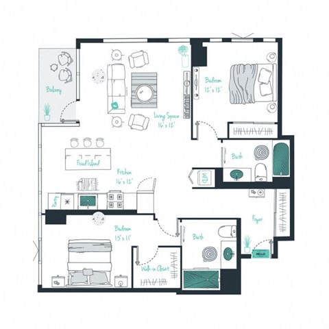 floor plan of a 2 bed 2 bath apartment