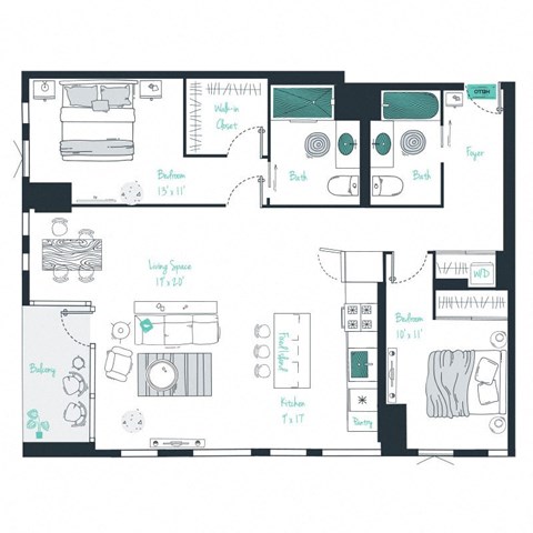 floor plan of a 2 bed 2 bath apartment