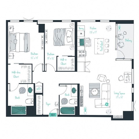 floor plan of a 2 bed 2 bath apartment