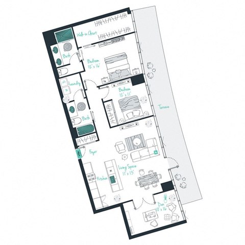 floor plan of a 2 bed 2 bath apartment