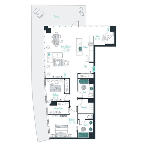 floor plan of a 2 bed 2 bath apartment