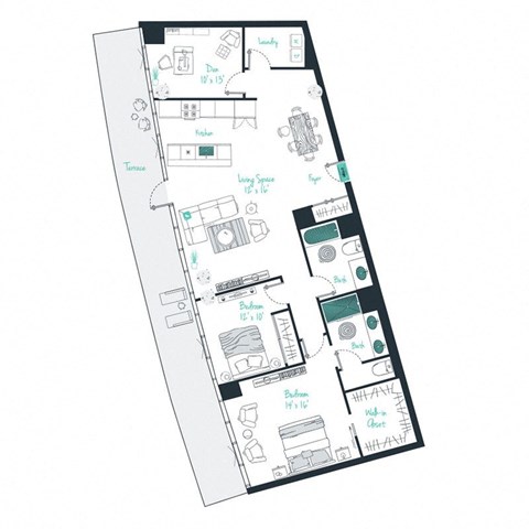 floor plan of a 2 bed 2 bath apartment