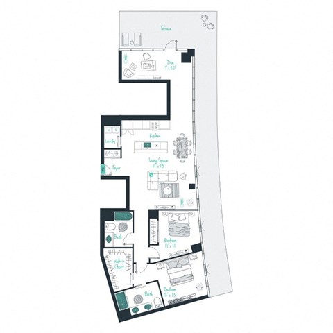 floor plan of a 2 bed 2 bath apartment