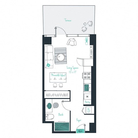 a floor plan of a studio apartment with a bedroom and a living room