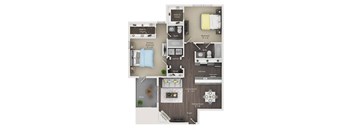 a stylized floor plan with a bedroom and a living room