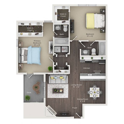 a stylized floor plan with a bedroom and a living room