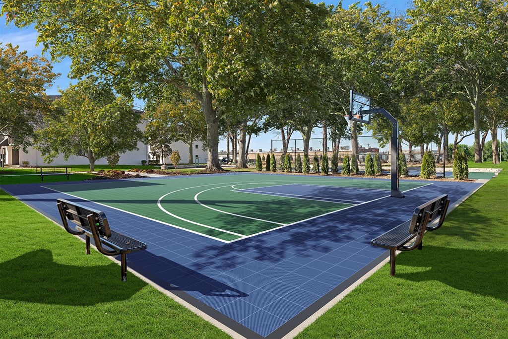 a basketball court in a park with trees