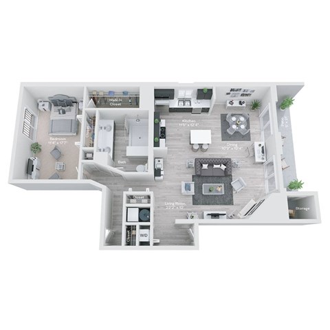 A floor plan of a living room, kitchen, and bathroom.
