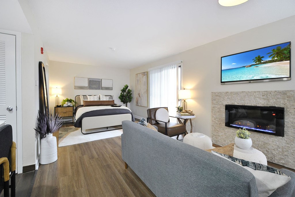 a studio apartment with a bed and a fireplace in a living room
