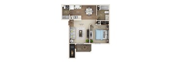A floor plan of a one bedroom apartment with a living room, kitchen, bathroom, and storage.