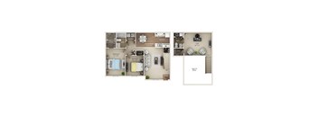 A floor plan of a two-bedroom apartment with a living room, dining room, kitchen, and bathroom.