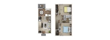 A floor plan of a two-bedroom apartment with a living room, kitchen, dining room, bathroom, and utility area.