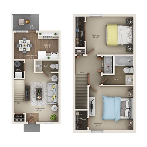 A floor plan of a two-bedroom apartment with a living room, kitchen, dining room, bathroom, and utility area.