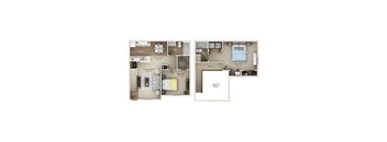 A floor plan of a two-bedroom apartment with a living room, kitchen, dining room, and bathroom.