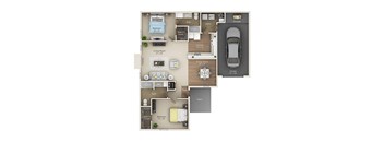 A floor plan of a two-bedroom apartment with a living room, kitchen, dining room, and bathroom.