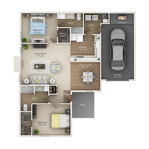 A floor plan of a two-bedroom apartment with a living room, kitchen, dining room, and bathroom.
