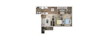 A floor plan of a small apartment with a living room, dining room, kitchen, bedrooms, bathrooms, storage, and a patio.
