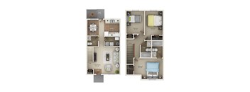 A floor plan of a two-bedroom apartment with a living room, dining room, kitchen, and bathrooms.