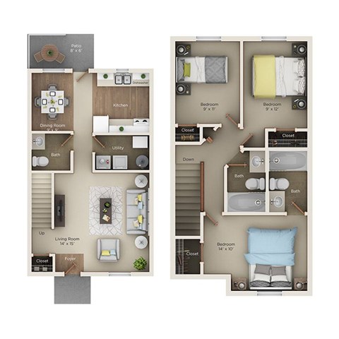 A floor plan of a two-bedroom apartment with a living room, dining room, kitchen, and bathrooms.
