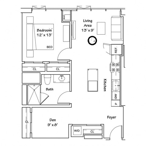 a floor plan of a 1 bedroom floor plan