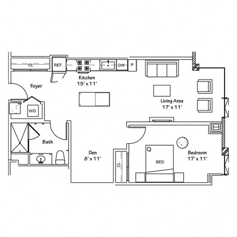 a floor plan of a small house with a bedroom and a living room