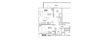 a floor plan of a studio apartment with a bedroom and a living room