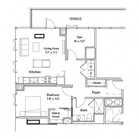 a floor plan of a studio apartment with a bedroom and a living room