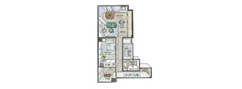 a floor plan of an apartment with a bedroom and a living room
