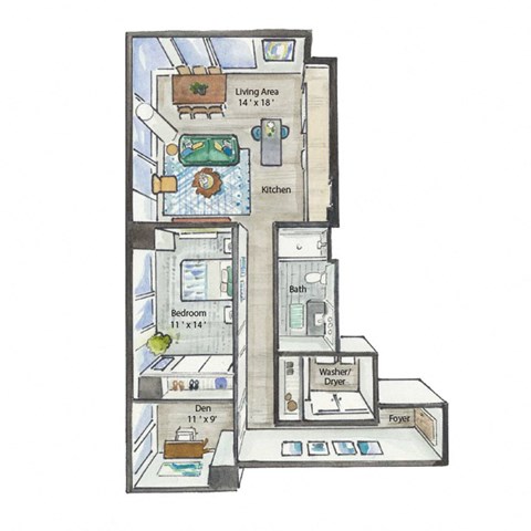 a floor plan of an apartment with a bedroom and a living room