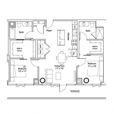 a floor plan of a house with different rooms and a terrace
